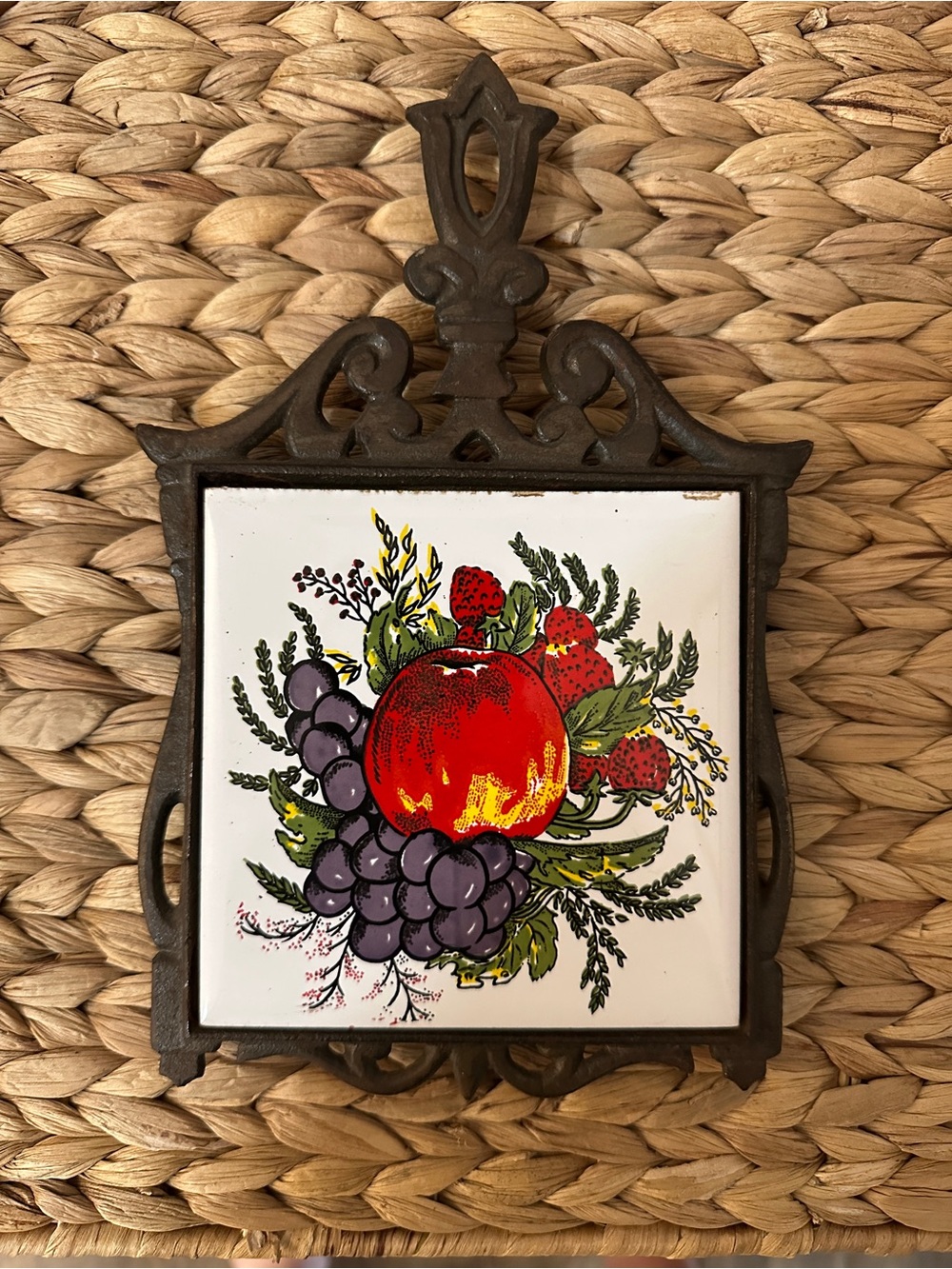 Vintage Fruit Trivet Wall Piece - Red Apple & Raspberries & Purple Grapes